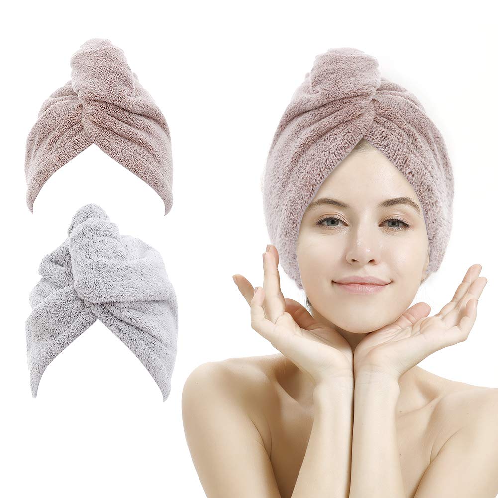 2 Pack Microfiber Hair Towel Wrap,Hair Drying Towel with Button, Towel Turban,Head Towel to Dry Hair Quickly (Pink&Beige)